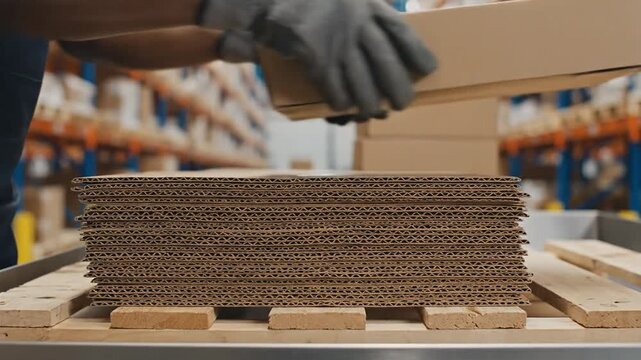 A logistics manager oversees warehouse operations, handling cardboard boxes with care.