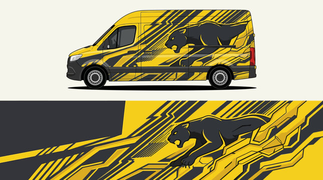 Yellow and black van design graphics.
