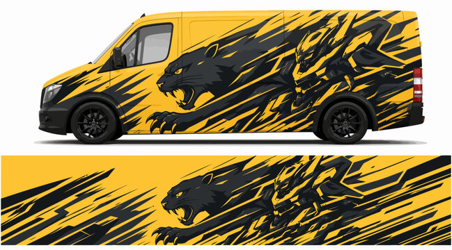 Yellow Van With Black Graphic Design.