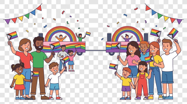 Diverse families and individuals hold rainbow flags while celebrating at a festive community pride march.