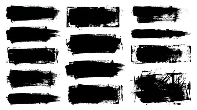 Abstract black ink brush stroke collection featuring grunge linocut rolled lines, handmade rectangle rough stamps, vector paint streaks, and graffiti punk rock brayer smear distressed textures.