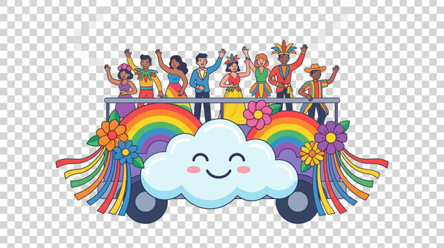 Parade float featuring a smiling cloud character and rainbows transports a diverse group of people celebrating together.