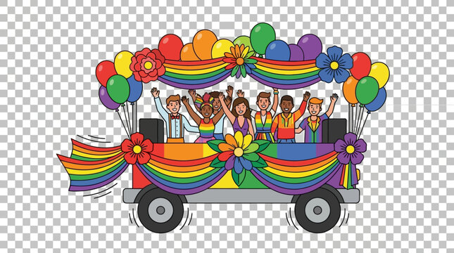 Parade float decorated with colorful balloons and flowers carries a group of people celebrating during a lively festival.