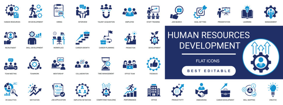 human resources development solid glyph icon set. training, management, learning, recruitment, talent, skills, coaching, career, competence building, growth. editable vector illustration.