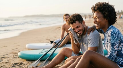 Obraz premium Diverse young friends relaxing on beach after stand up paddleboarding session at sunset, happy multiethnic group enjoying summer vacation lifestyle and outdoor water sports
