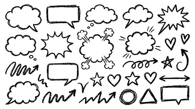 Hand-drawn crayon speech bubble and cloud collection featuring black doodle scribbles, comic bang effects, freeform arrow icons, stars, heart shapes, and abstract geometric vector dialogue boxes.