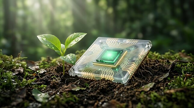 Sustainable green technology concept with a transparent glass computer CPU chip and a growing plant sprout in natural forest soil.