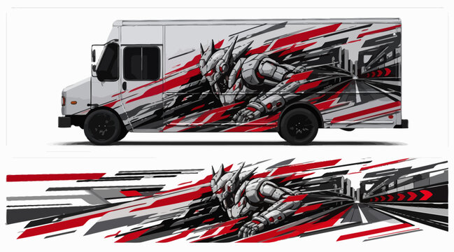 Truck with abstract graphic design.