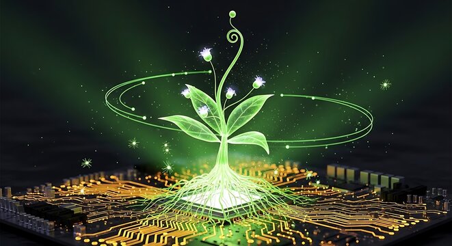 Glowing green digital plant sprouting from a computer processor on a motherboard representing sustainable technology and eco-friendly green computing.