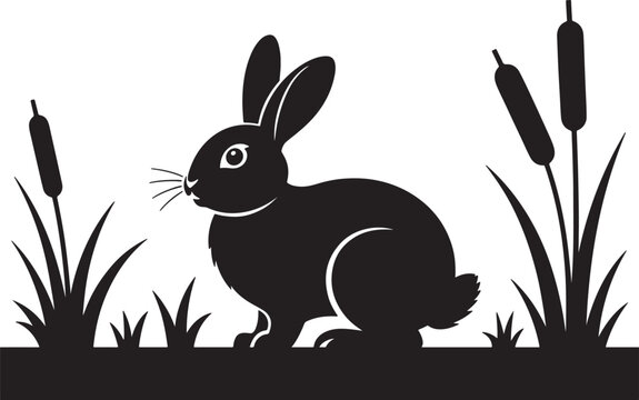 Black rabbit silhouette sitting in grass with bulrushes on a white background