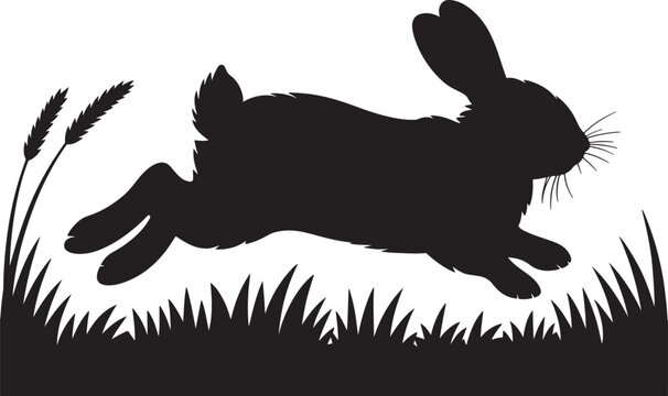 Black silhouette of a jumping rabbit in a grassy field on white background