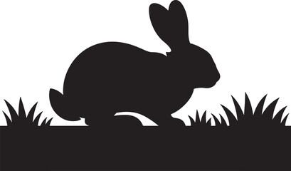 Fototapeta premium Black silhouette of a rabbit sitting in the grass on a white background