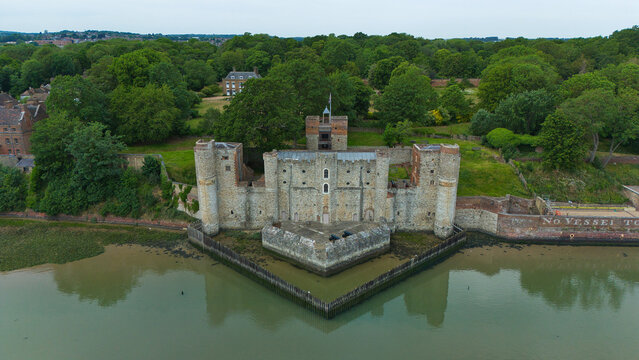 Aerial view of Upnor Castle, an Elizabethan artillery fort on the River Medway, featuring stone walls and a triangular water bastion in Upper Upnor, England, United Kingdom.