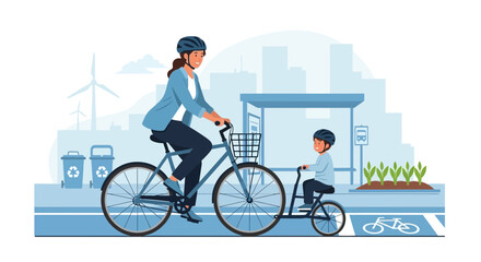 Fototapeta premium Mother and Child Cycling in Eco-friendly City with Wind Turbine and Bus Stop