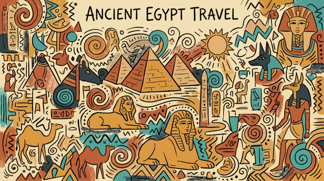 Artistic Egyptian Geometric Charcoal Pattern with Abstract Figure and Pencil Crayon Texture. Playful Ancient Travel Poster Design and Hand Drawn Vector Illustration of Rugged Shapes for Cards.