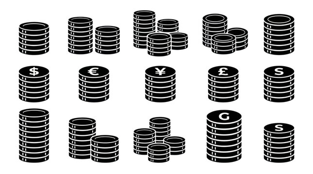 Global currency coin stack icons for international finance