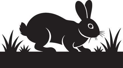 Obraz premium Black rabbit silhouette sitting on a grass field in a minimal vector style