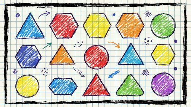 Artistic set of handmade school geometry shapes featuring colorful crayon texture and ink grunge frames on a blue grid paper background with triangle hexagon and circle vector elements.