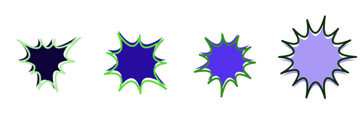Set of Four Comic Book Style Starburst Explosion Shapes in Blue and Purple Gradients for Graphic Design Elements © SimpleDesignStudio