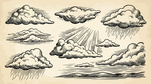 Handdrawn vintage woodcut cloud sketch featuring retro line art and classic black and white hatching texture for nature vector illustration