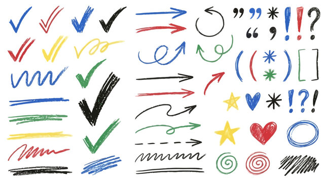 Comprehensive collection of hand drawn vector doodle elements including check marks arrows crayon underlines quotation marks brackets scribble signs for pencil emphasis and note highlights.