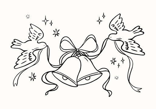 Wedding Greeting Card with Doves and Wedding Bells Line Art