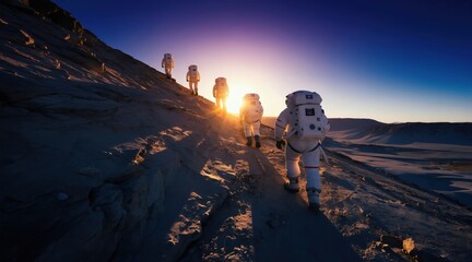 Obraz premium Five astronauts climb rocky alien planet surface. Team explores strange terrain under bright distant sun. Space mission to new world, future journey begins.