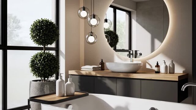 Elegant Modern Bathroom Interior featuring a backlit round mirror, vessel sink, and large window with natural light ideal for home decor inspiration and real estate marketing.