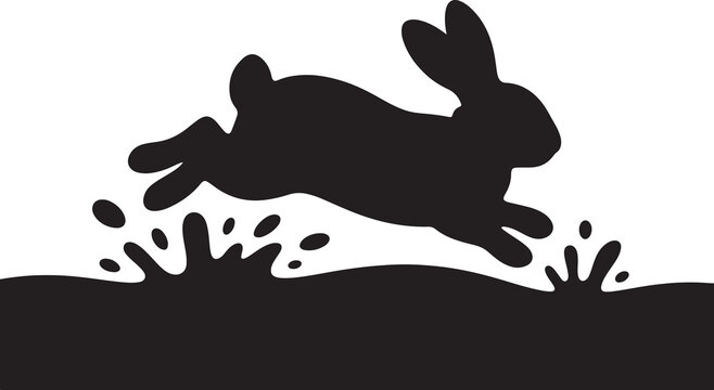 Black silhouette of a jumping rabbit over water with liquid splashes