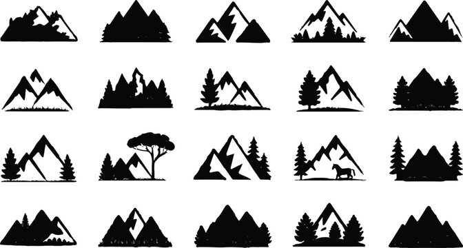 Mountain silhouettes against white background with trees and animals
