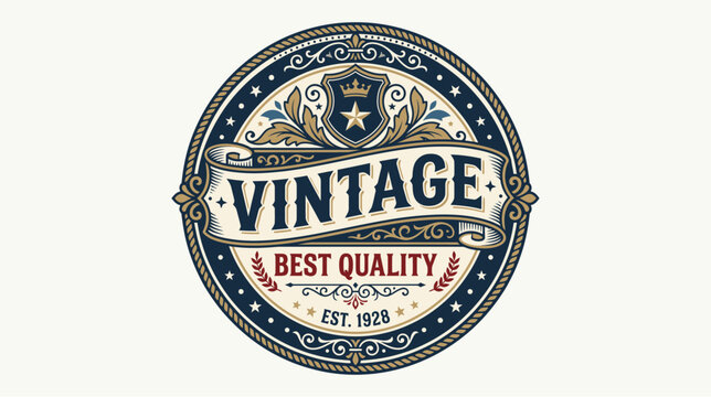A circular vintage emblem with the words "VINTAGE" and "BEST QUALITY" prominently displayed, featuring ornate decorative elements and the establishment date "EST. 1928".