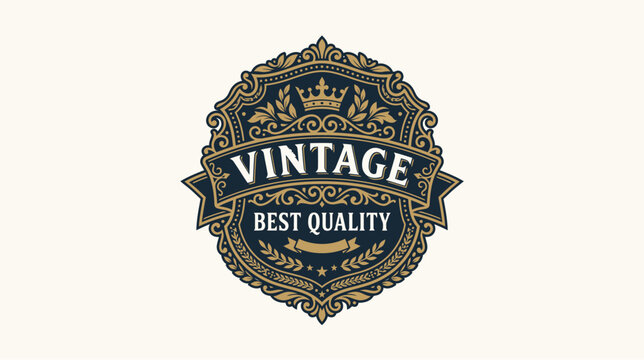 Ornate vintage best quality emblem with crown and decorative elements on a light background.