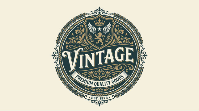 Ornate vintage circular logo design featuring a crest with a lion and wings, 'VINTAGE PREMIUM QUALITY GOODS' text, and intricate decorative flourishes.