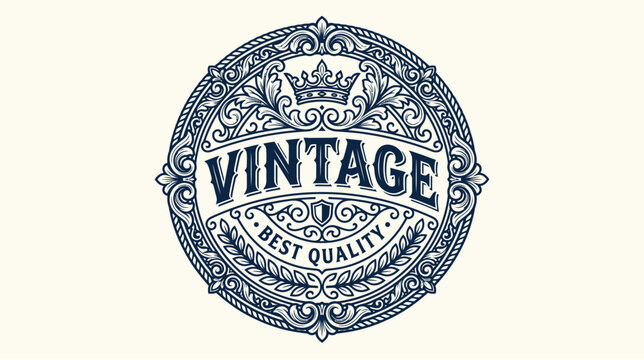 A detailed, ornate vintage emblem with a crown and intricate flourishes, featuring the word "VINTAGE" and "BEST QUALITY" in a classic design.