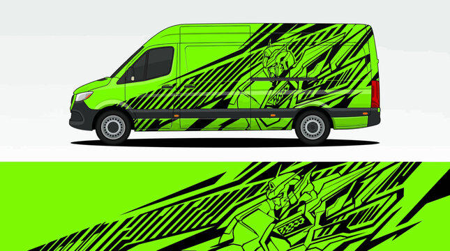 Green Van With Graphic Design Pattern.