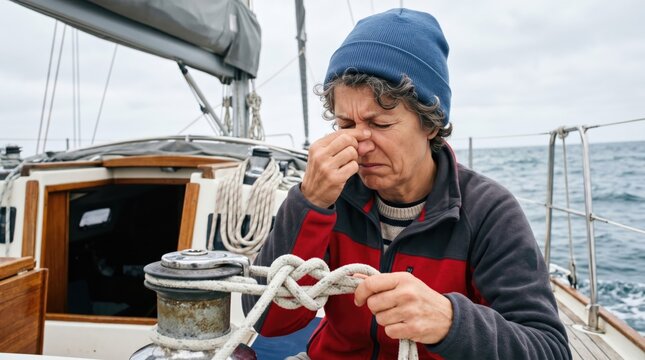 Stressed middle aged woman suffering from seasickness on a sailboat deck, feeling nauseous and tired during a rough sailing trip, concept of travel fatigue and motion sickness