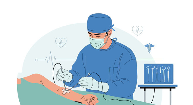 Surgeon performing minimally invasive surgery with laparoscopic instruments, medical technology