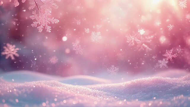 Beautiful Pink Snowflakes Falling on Snowy Landscape Background.