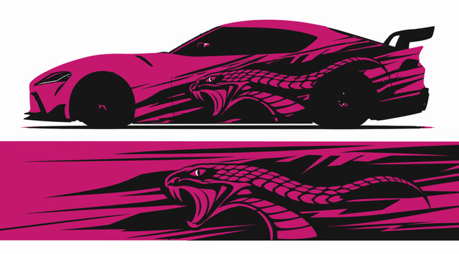 Pink sports car with eagle design.