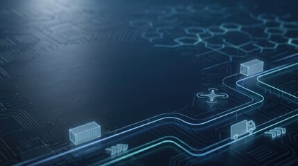 Fototapeta premium Digital Logistics Supply Chain Concept with Glowing Circuit Board Background Featuring Automated Drone Delivery and Autonomous Truck Transport Technology