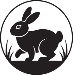 Obraz premium Minimalist black rabbit silhouette icon inside a circular frame with grass elements