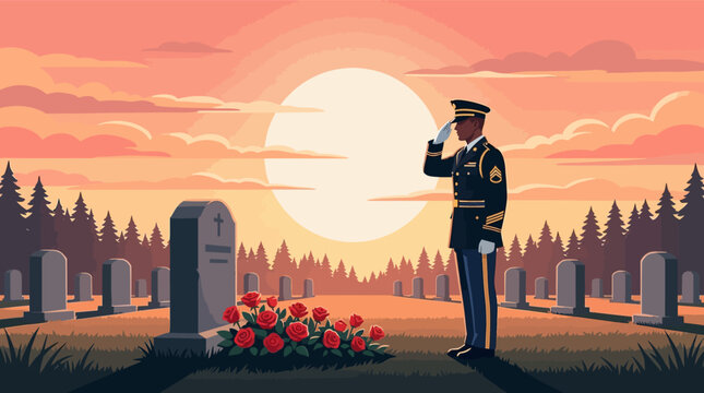 Military Officer Saluting Gravestone in Cemetery at Sunset