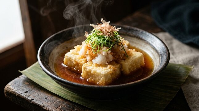 Agedashi tofu broth agedashi deep-fried tofu in dashi broth grated daikon close steam rising moody close dark background GFX 100S GFs soft diffused window light banana leaf surface warm tropical