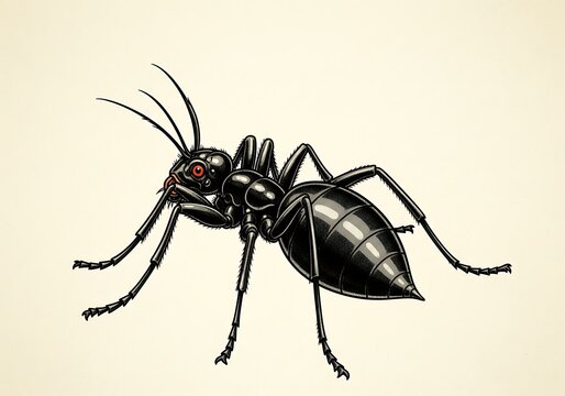Black widow ant with glowing red eyes and shiny shell