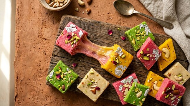 Barfi milk sweet barfi milk sweet colourful pieces overhead flat lay close macro cheese or filling pull stretch freeze frame HERO12 Black SuperView 30.8 natural window sidelight earth clay surface