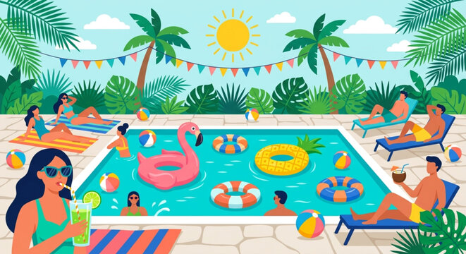 Summer pool party, tropical vacation, outdoor fun, colorful illustration, swimming pool scene