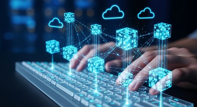 Digital data cubes and light connections representing data warehouse and cloud storage.