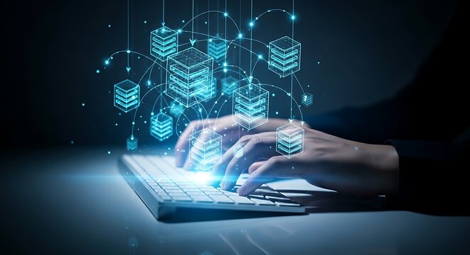 Digital data cubes and light connections representing data warehouse and cloud storage.
