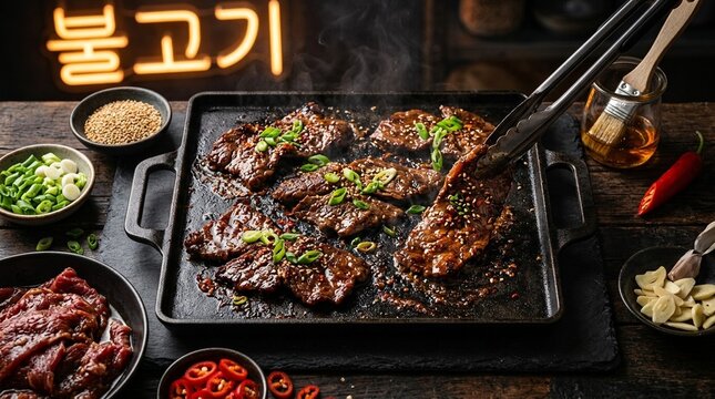 Bulgogi beef thin grill bulgogi marinated beef thin slice grill sesame oil scallion close scatter flat lay ingredients arranged EOS 5D Mark IV macro.8Ls tabletop hero light neon sign ambient warm