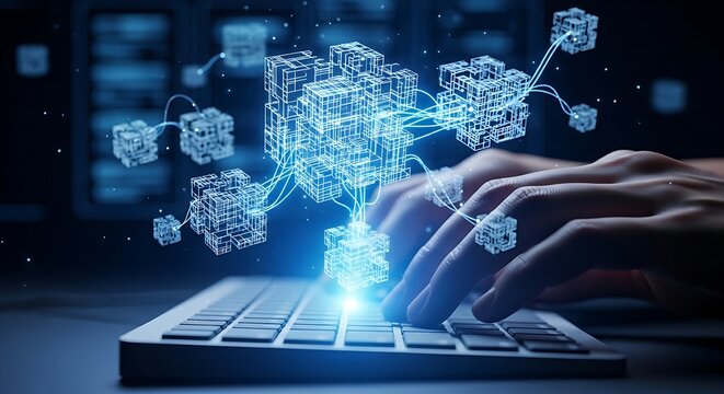 Digital data cubes and light connections representing data warehouse and cloud storage.